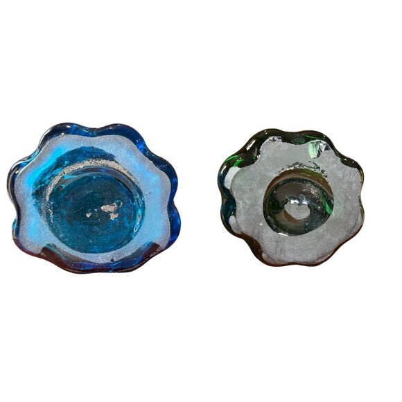 Hand Blown 2 Swung Glass Bud Vases Blue Cobalt & Green Retro MCM Collectable - Picture 9 of 13